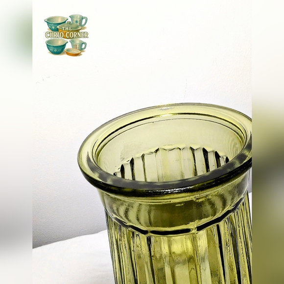 Vintage Style Ribbed Olive Glass Vase - Picture 2 of 2